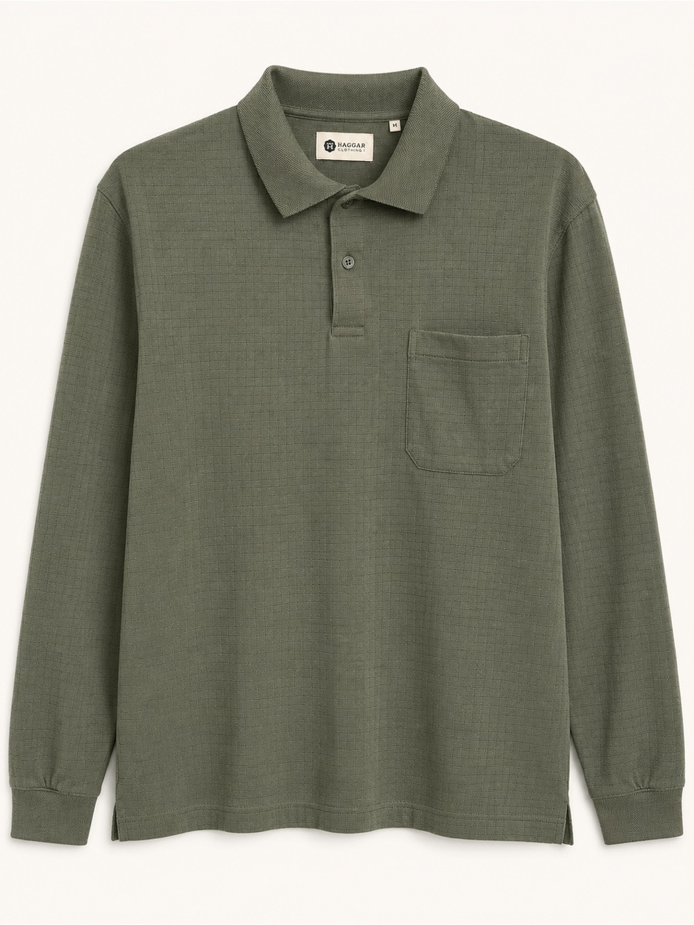 Haggar Olive Long-Sleeve Polo with Chest Pocket Cotton Blend